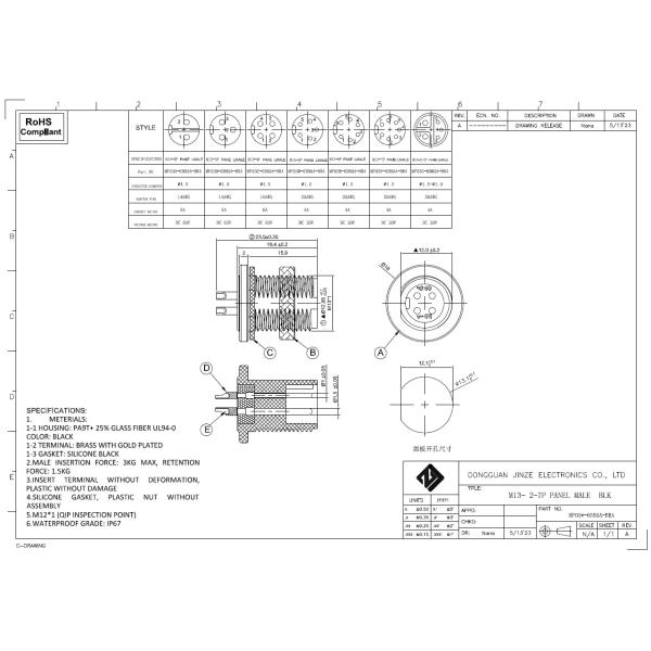 Male PCB 6Pin Circular Connector PA9T Gold Plated Customized