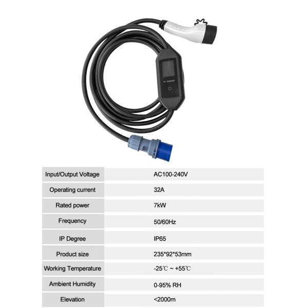7KW 32A Portable AC EV Charger with Temperature Detection and 2.8-inch Screen Display