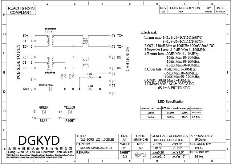 DGKYD112B002AA2A1D3 Rj45 Socket 1x2 Port 8P8C 100M Integrated Filter Connector Shielded Socket With LED Light