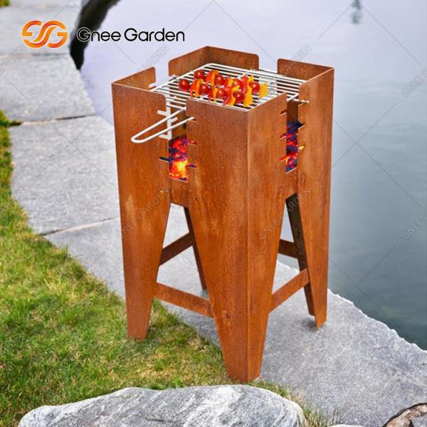 Corten Steel Square Outdoor Bbq Grill Table Garden Wooden Burner Fire Pit