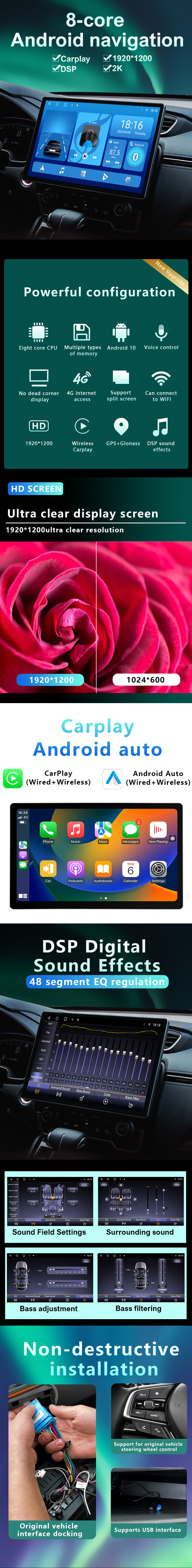 Android Stereo Car Radio GPS 4G WIFI 8 Cores 1.6GHz RDS BT 5.0 DSP 360 Panoram
