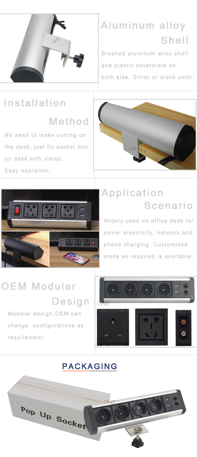 Horizontal EU power clamp on table power socket box with data connectors