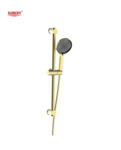 China Brushed Golden Shower Head Vertical Slide Bar SUS304 3 Function on sale