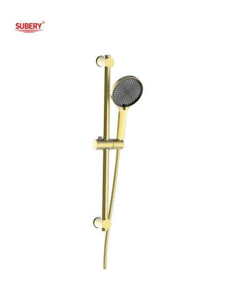 Quality Brushed Golden Shower Head Vertical Slide Bar SUS304 3 Function for sale