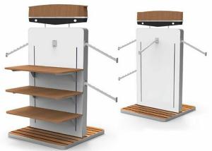 China MDF White Gondola Clothing Display Rack With Wooden Shelves Or Bottom Cabinet on sale