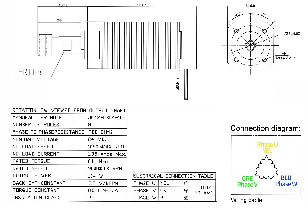 Square DC Brushless CNC Spindle Motor Kit 104W ER8 & DBD200 24V For Router Milling
