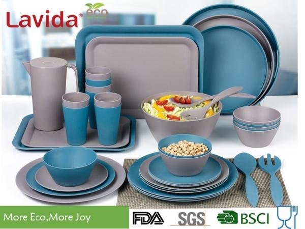 Quality Blue And Gray Bamboo Fiber Dinnerware , Natural Plant Fibre Printed Bamboo Dinner Set for sale