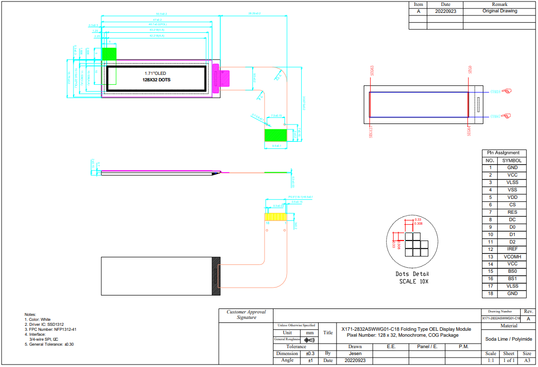 1.71'' OLED Monochrome Display With IC SSD1312 128×32 Serial Peripheral Interface