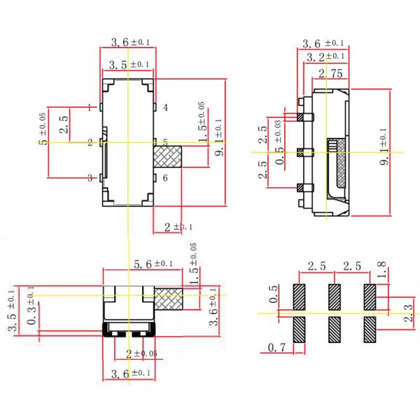 Miniature Bent Feet 6 Pin On Off DPDT Slide Switch