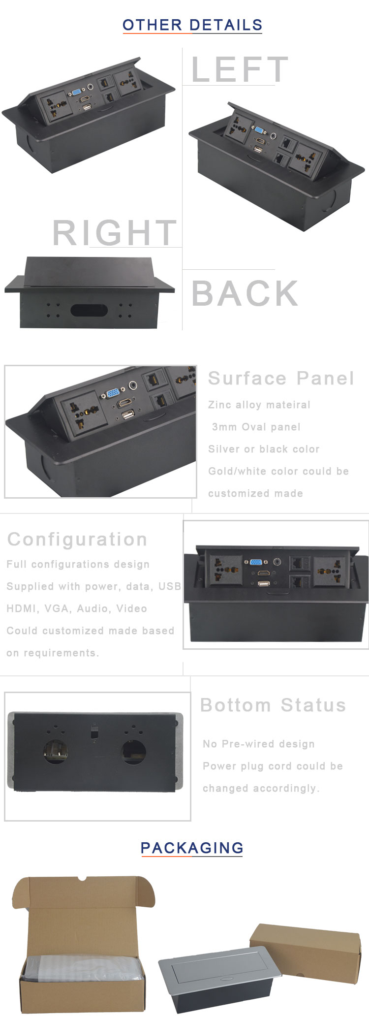 Multimedia conference desktop recessed mounted power socket with usb