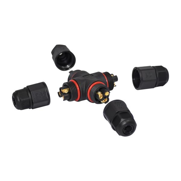 Quality 3 Pin Pole Four Way Waterproof 300V 3 Pin Black Plug Adapter LED Screen Connector M 20 T + Type Connector 3 Directions for sale