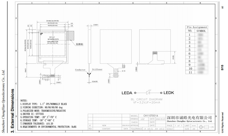 1.1 Inch IPS LCD Display RGB 96x96 dots Resolution 4 Line SPI Interface
