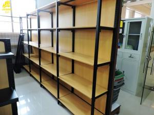 Four Columns Metal And Wood Open Shelving , 50kg/ Layer Iron And Wood Shelving Unit