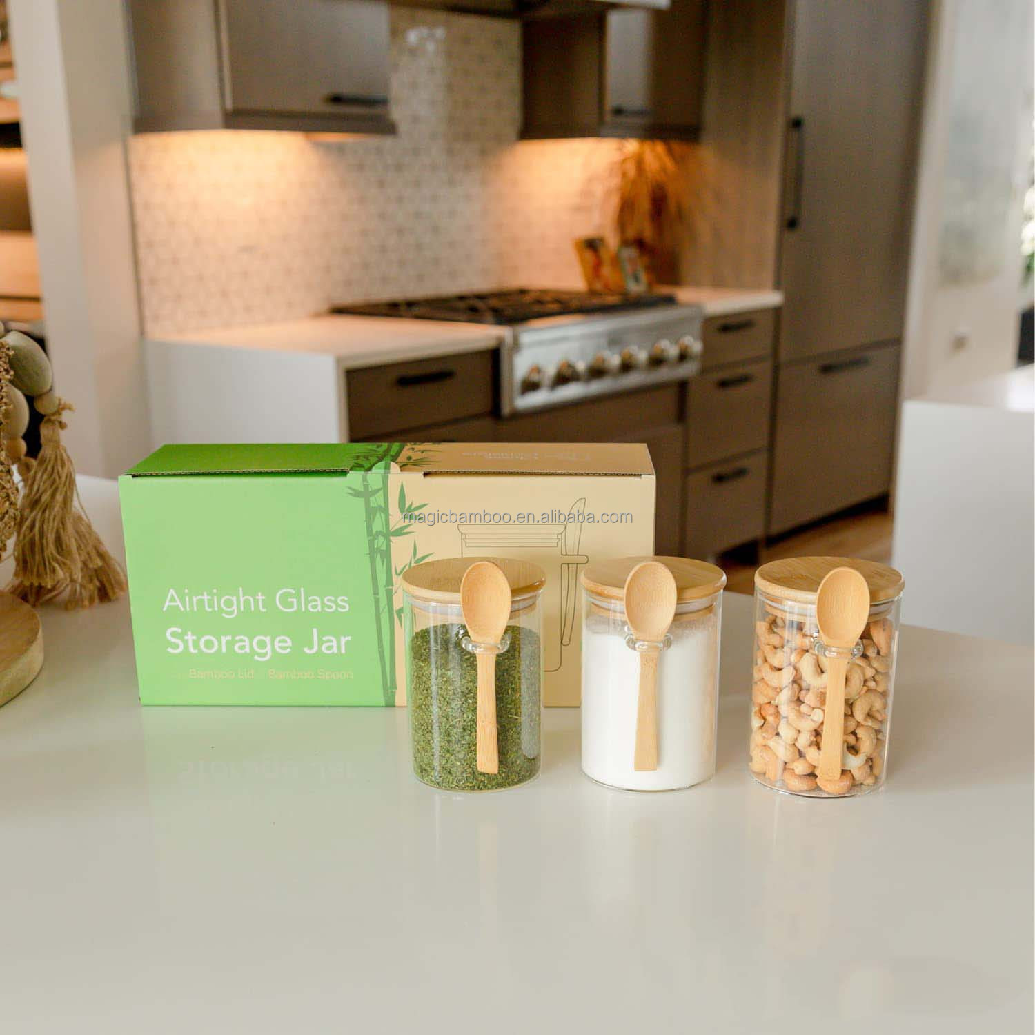 Convenient Storage Set of 3 Airtight Glass Jars with Bamboo Lids and Spoons