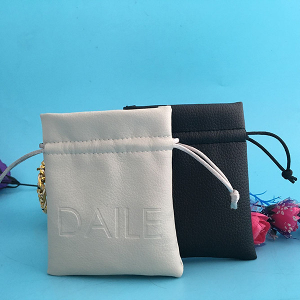 Small Size Black Drawstring Jewelry Bag Pu Leather With Custom Printed Logo