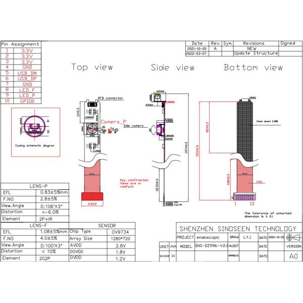 Ultra Small 1MP Mipi Camera Module OV9734 Low Power Consumption Medical Endoscope