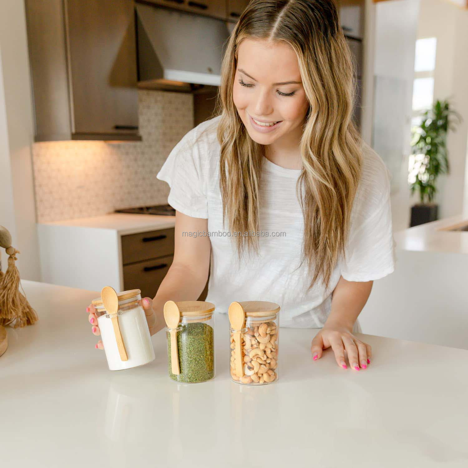 Convenient Storage Set of 3 Airtight Glass Jars with Bamboo Lids and Spoons