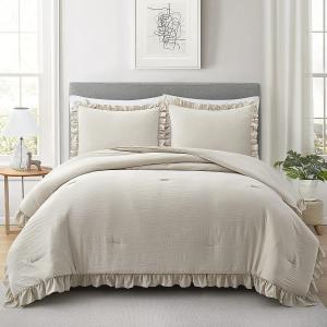 Customized 3 Pieces Queen Comforter Set Farmhouse Bedding Set with Ruffle Bed Design
