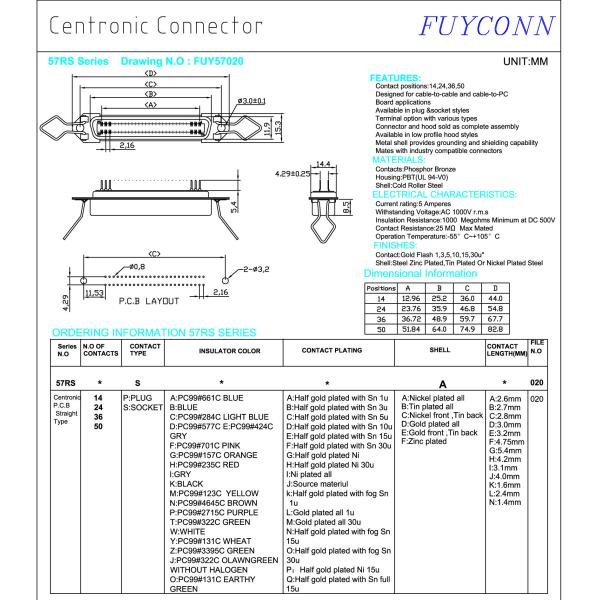 50 36 24 14 Pin Female Connector PCB Straight Centronics Connector