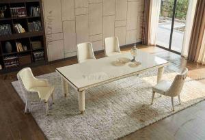 China Embroidery Leather Cover Luxury Modern Dining Tables White Tempered Glass Top Stainless Steel Frame For Home on sale