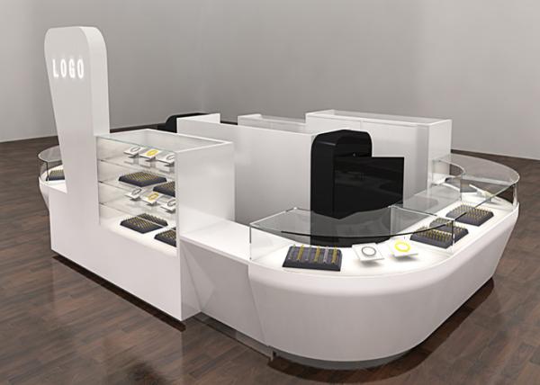 Quality Curved White Coating Kiosk Jewelry Display Showcase Professional 3D Design for sale