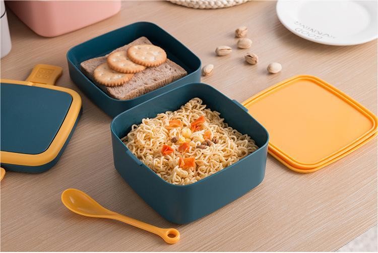Double-Layer Portable Plastic Bento Lunch Box With Lid 1000ML Rectangular Blue
