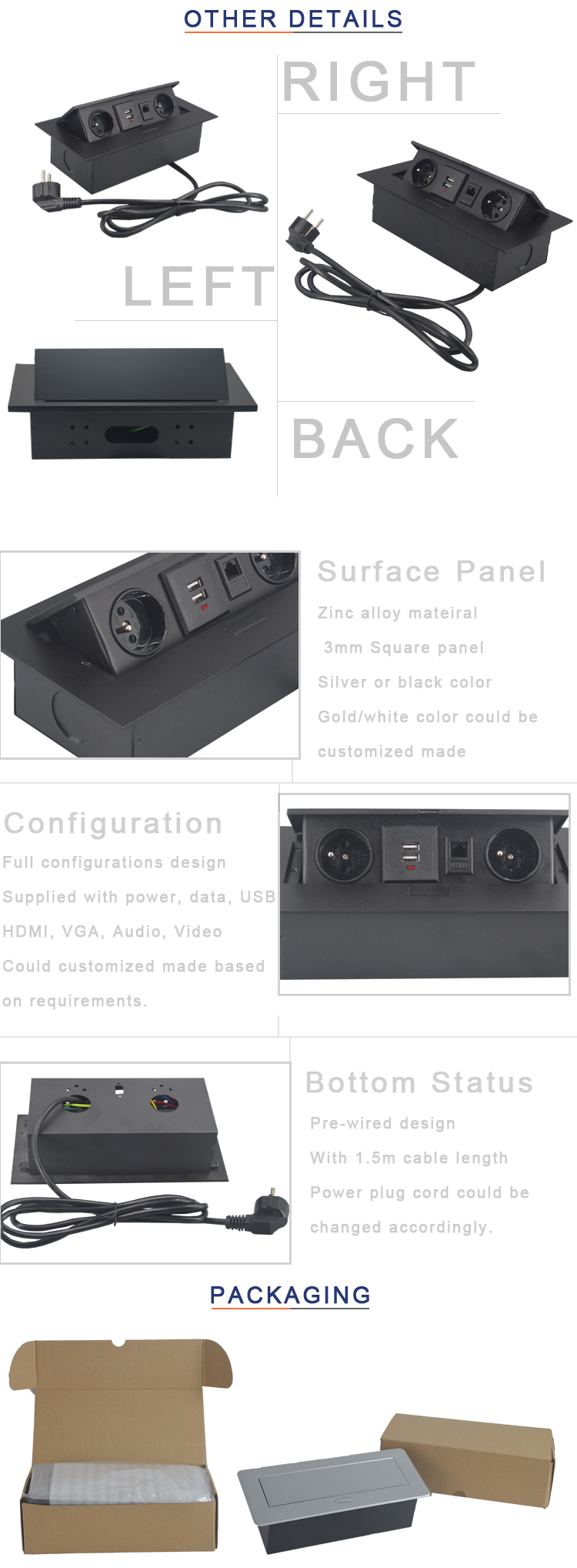 with muti-functional configuration usb charger media hidden pop up tabletop socket box