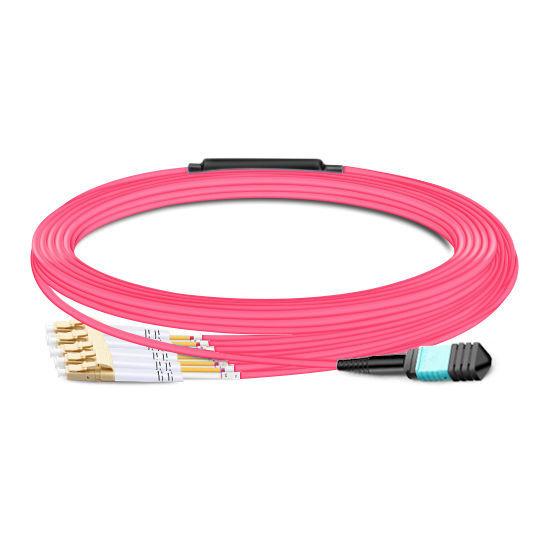 Quality 10m (33ft) MPO Female to 4 LC UPC Duplex OM4 50/125 Multimode Fiber Breakout Cable, 8 Fibers Type B, Elite, LSZH, Aqua/V for sale