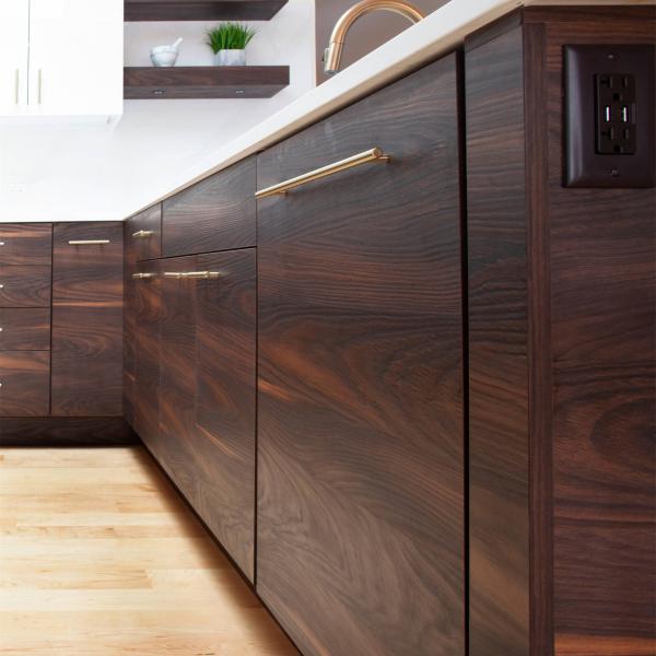 Shaker Style Particle Board Kitchen Cabinets High Gloss White Flat Panel Matte Brown Timber Veneer