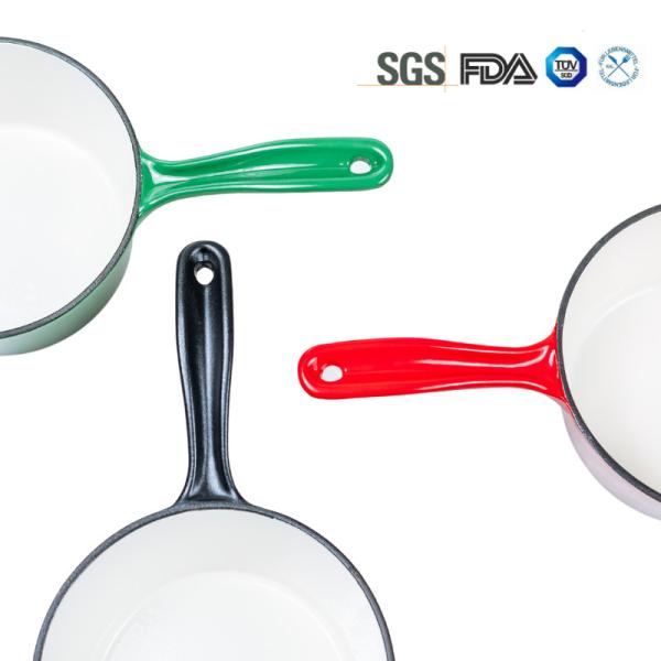Quality 16cm Red Enameled Iron Cast Saucepan Pot With Long Handle for sale