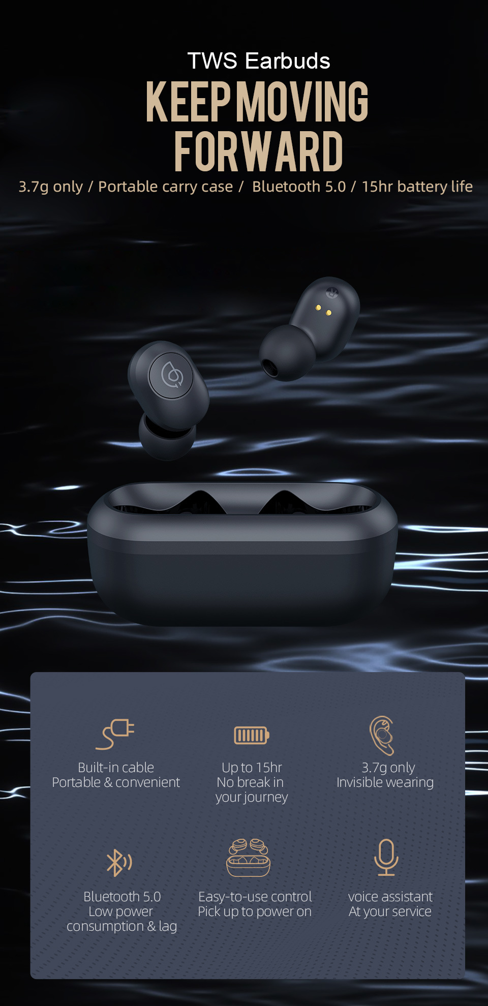 3D Stereo Bluetooth Earphones Automatic Pairing Mini Tws Wireless Earbuds (with Built-in Cable charging Case)