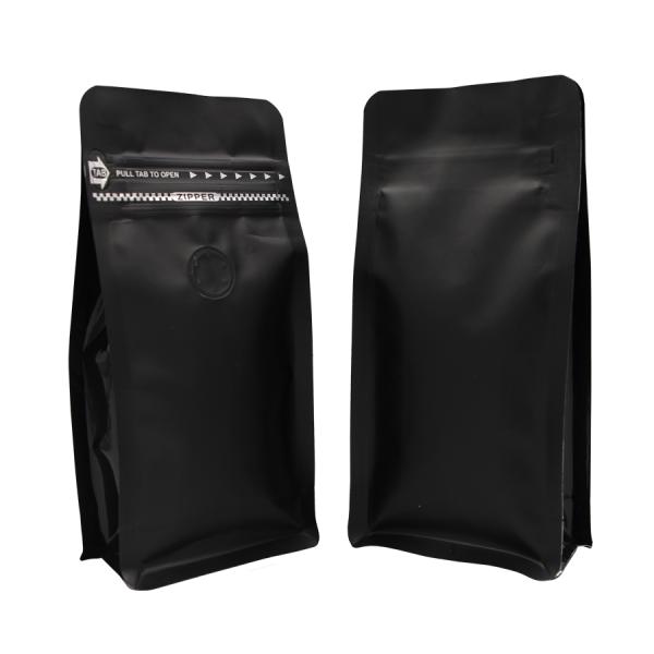 VMPET Resealable Matte Black Coffee Pouch Packaging With Valve Flat Bottom