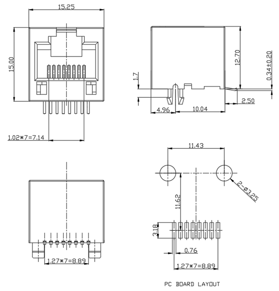 Modular SMT RJ45 Jack Tab UP Without Integrated Magnetics TM52S811SXX43