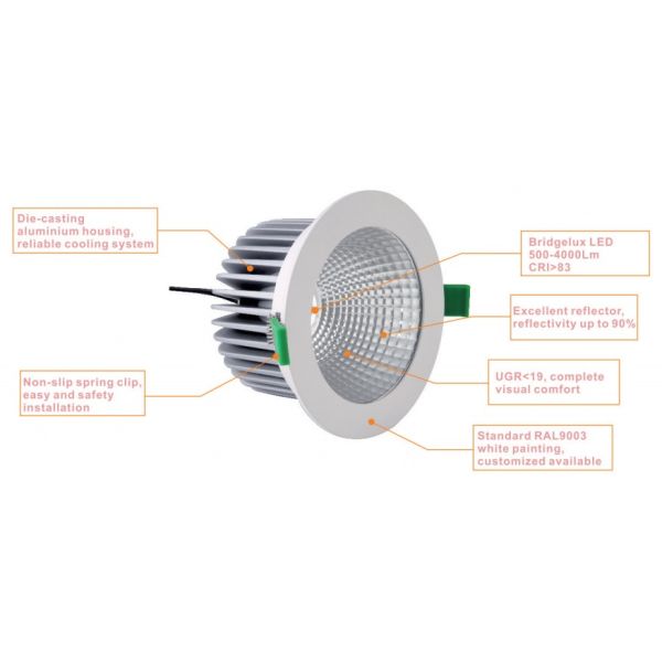 IP20 100 - 240VAC 1010 Lumen 15W Bridgelux COB LED Down Light With 50° Energy Saving