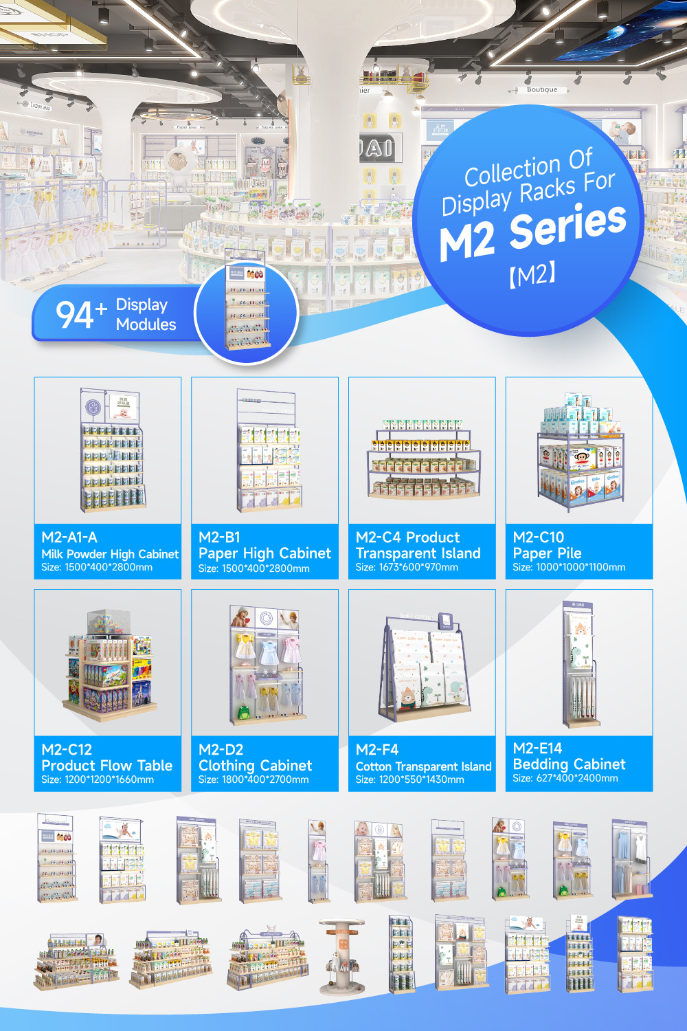 M2-E14 Maternity And Baby Store Bedding Cabinet with White Spray Side Hangers and Adjustable Shelves