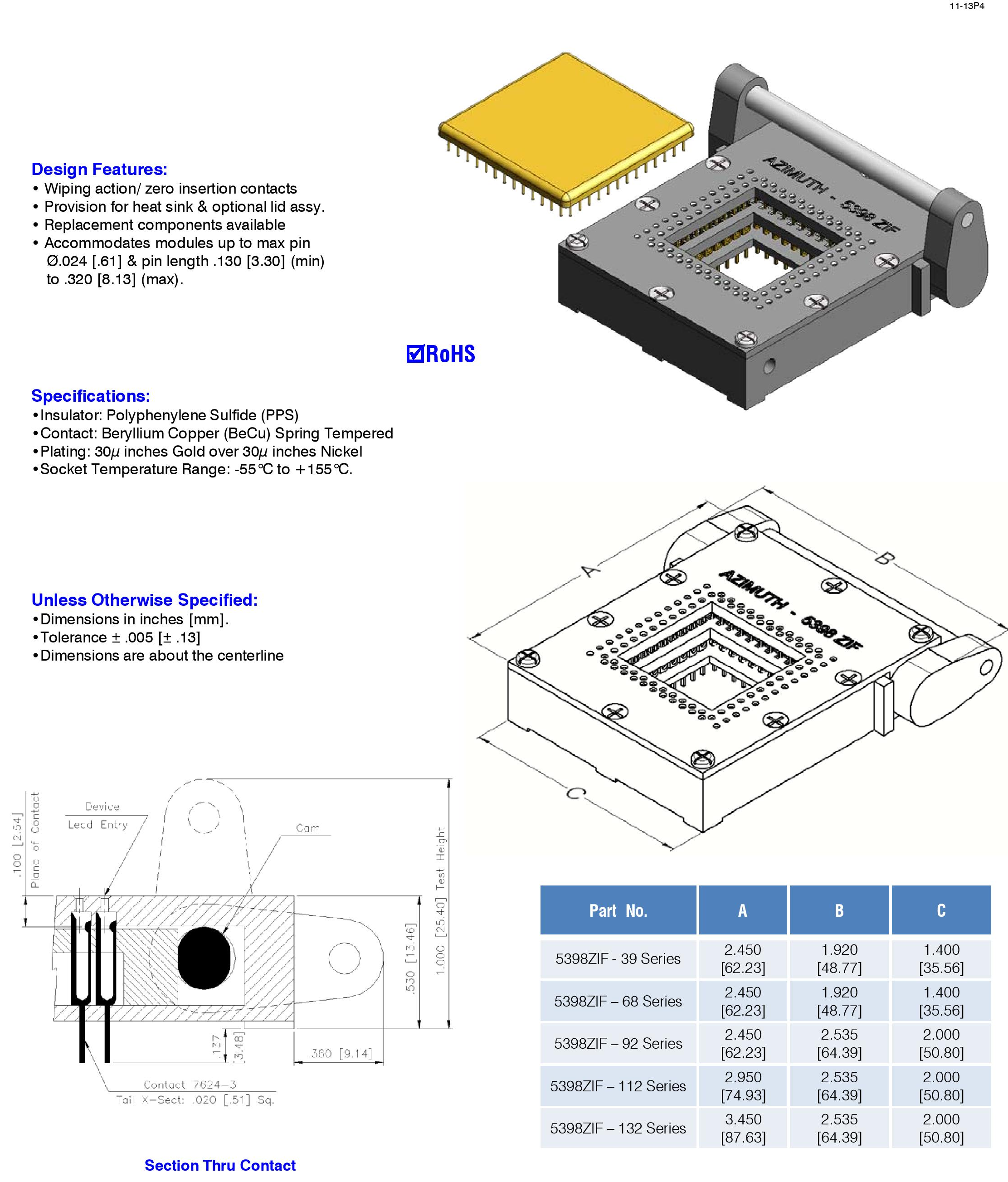 ZIF Zero Insertion Force Azimuth Carrier Test Socket 5398ZIF-92 With Electrical Contactor