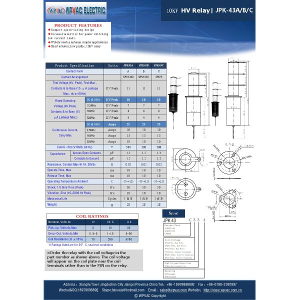 JPK43A334 JPK43A234 High Voltage Vacuum Relay Switch with 10KV DC Operating Voltage 15KV DC for High Power Applications