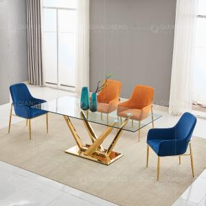 China Rectangular Width 35inch Tempered Glass Dining Table Gold Metal Legs on sale