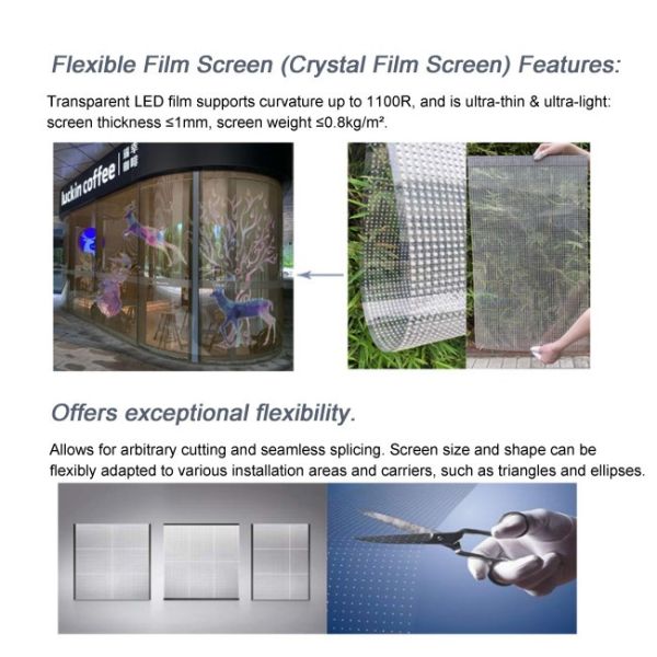 LED Screen Film Transparent Flexible Curved Video Wall Commercial Ads Led Ad Displays Stick on Glass Window Indoor Advertising