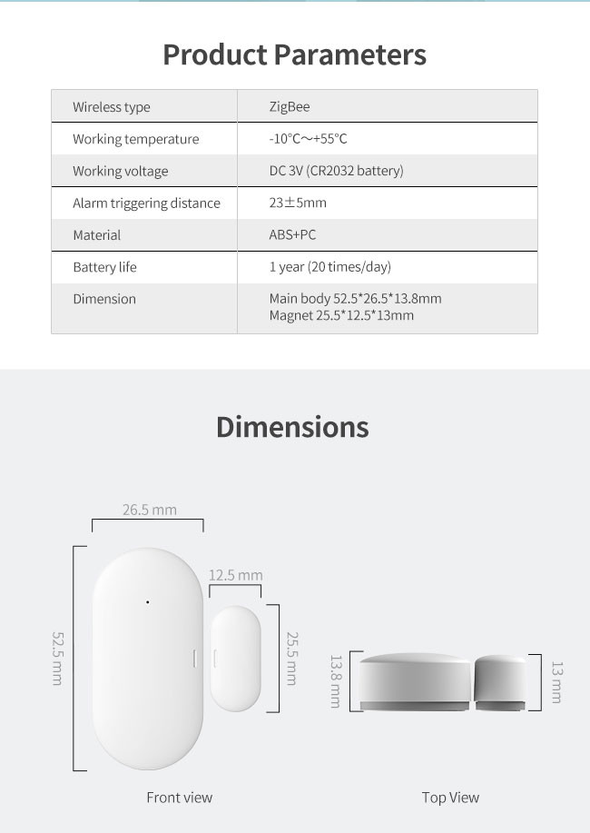 ABS PC Zigbee Door Contact DC 3V Alexa Tuya Google Assistant
