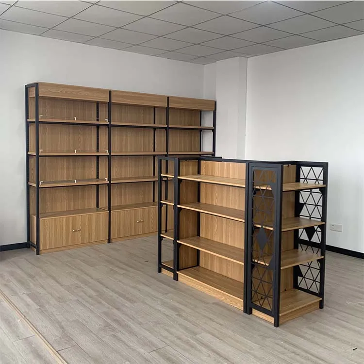 Factory customized color size Steel wood combination supermarket shelves wooden convenience store shelves