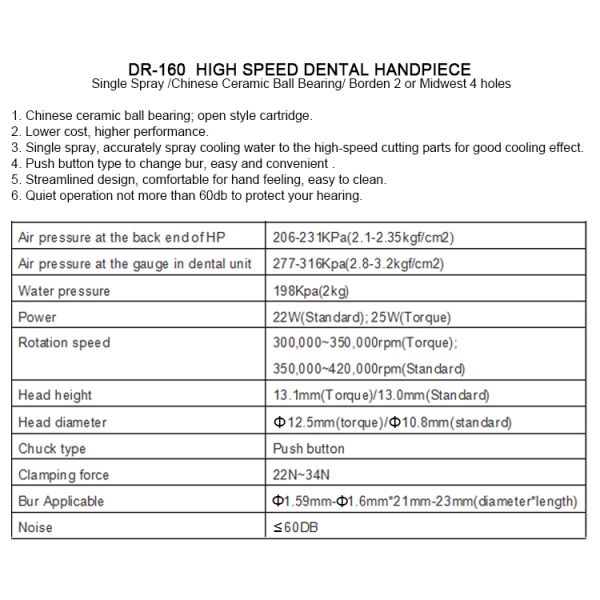Borden 2 Hole High Speed Turbine Handpiece Push Button Chuck