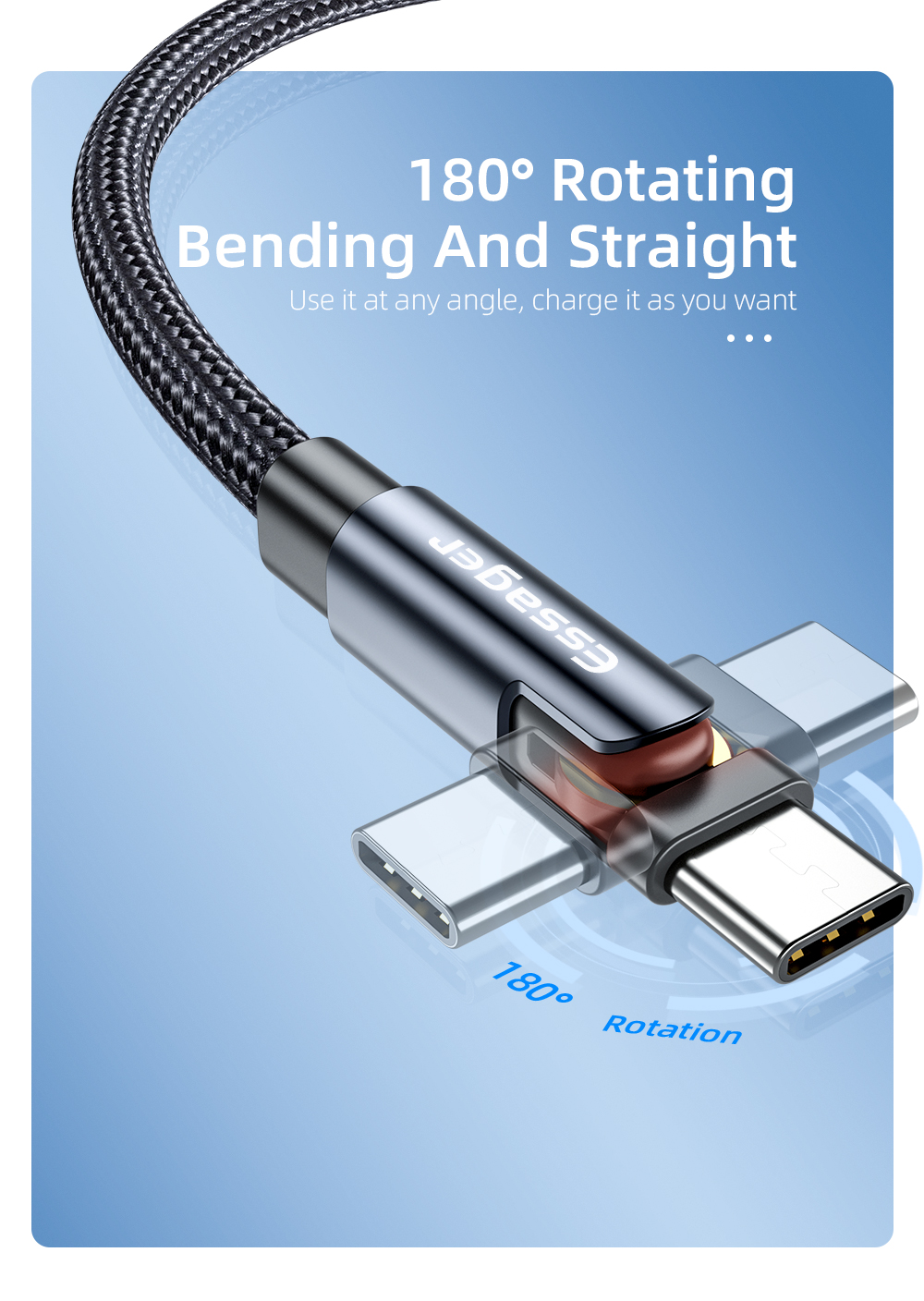 Universal 180 Rotation Type C Charging Cable 3A Quick Charge 480Mbps/s Data Transfer Type C Cable