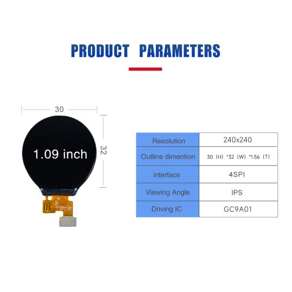 1.09 Inch Circular TFT LCD Module 240x240 Resolution SPI GC9A01
