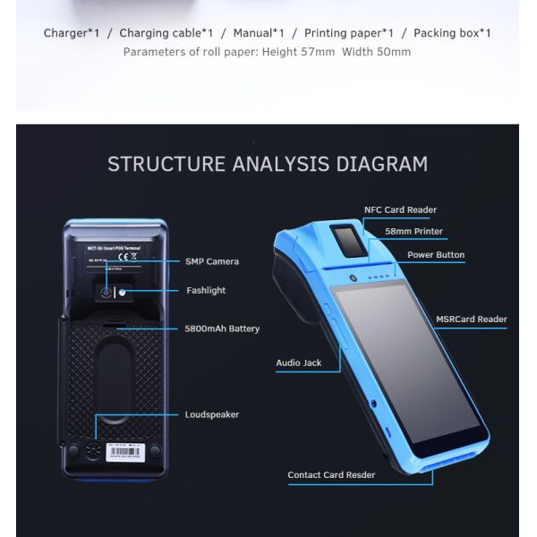 Vein Module 8 Mega Pixels Mobile Pos Machine 16GB EMMC With 80mm Printer