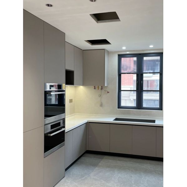 Modern kitchen cabinet with aluminum frame and wood finish