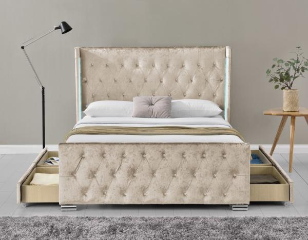 Quality LED Fabric Queen Size Upholstered Platform Bed Frame With 4 Drawers for sale