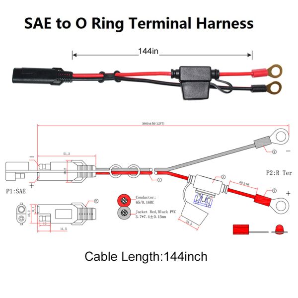 10A 2ft SAE to Eyelet Terminal Solar Power Cable 16AWG Copper