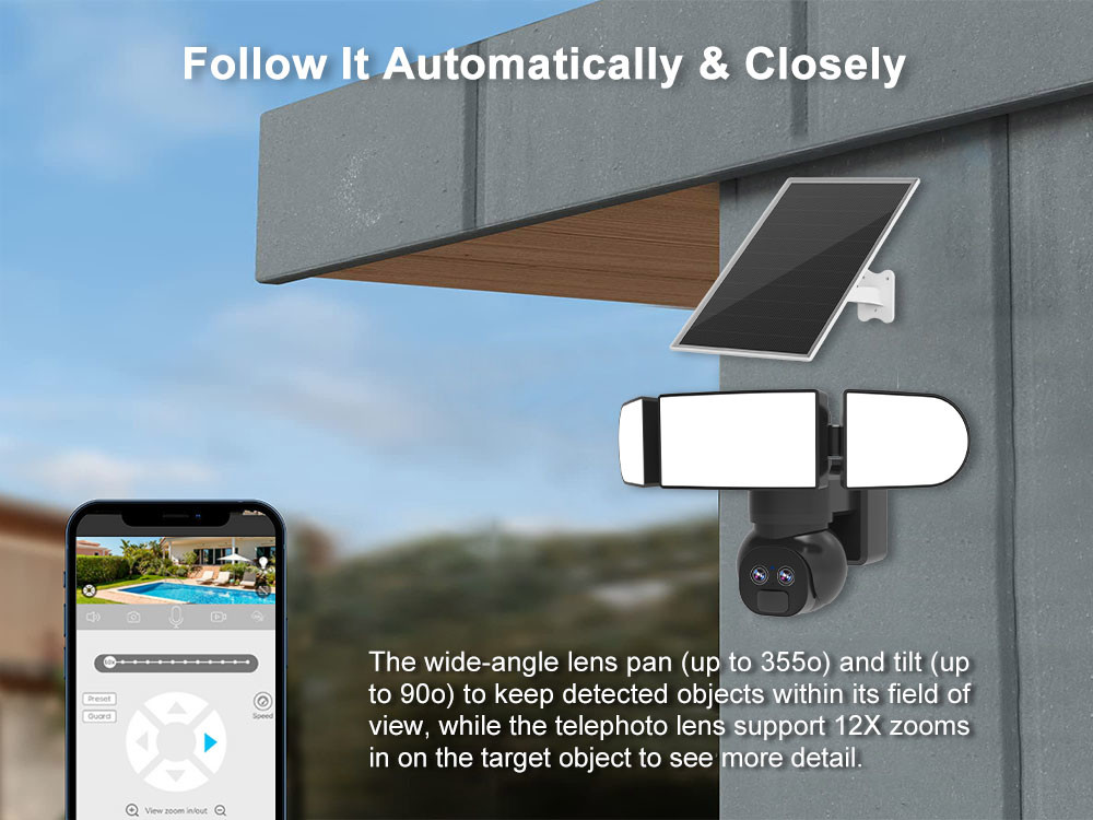 WiFi Solar Floodlight Camera 4MP 2K Human Motion Tracking 12X Hybrid Zoom