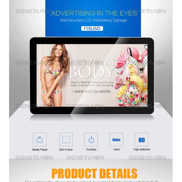Ultra Thin Wall Mount LED Dispaly 24 Inch Hotel Digital Signage Customized